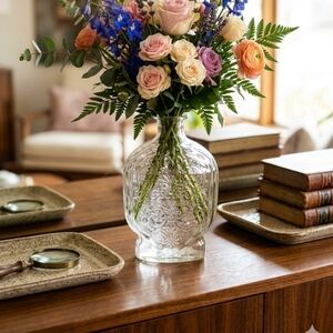 Clear Etched Glass Vase with Floral Pattern - Elegant Table Centerpiece